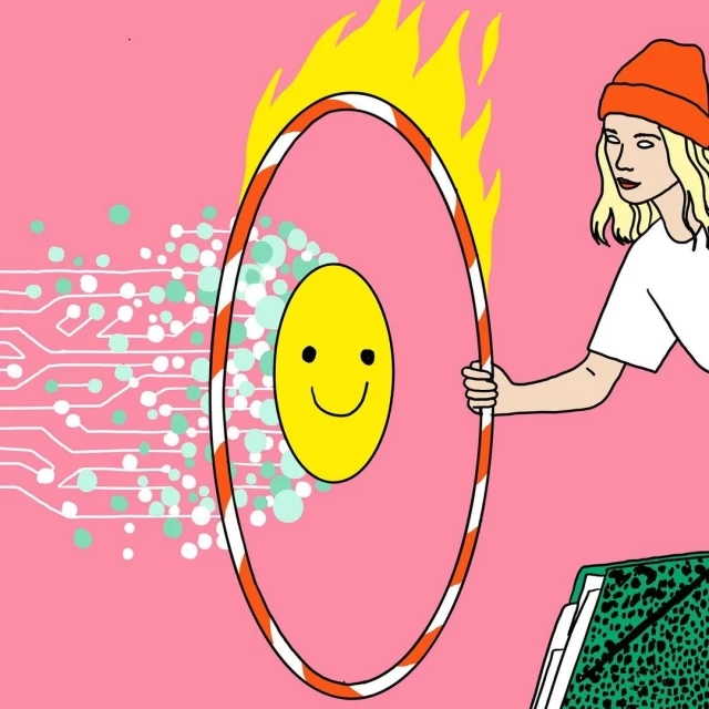 Digital artwork of a blonde woman in an orange hat holding a burning hula hoop with a happy face inside, against a pink background.