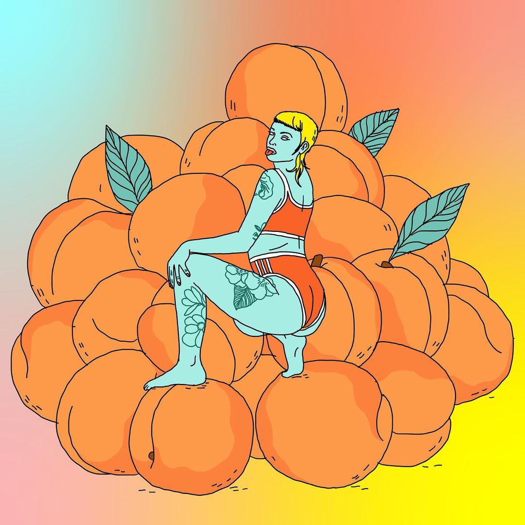Illustration of a woman with pale skin and a blonde pixie cut, wearing an orange bra and shorts, seated on a mound of peaches.