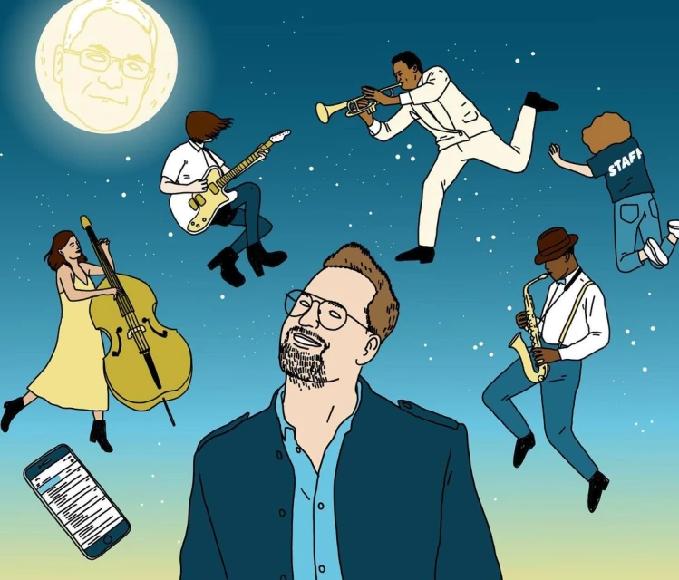 Illustration of musicians, including a trumpeter, guitarist, saxophonist, and bassist, all floating in a blue and yellow gradient sky.