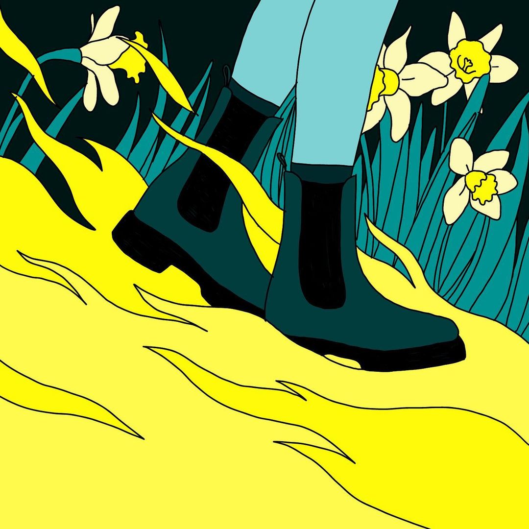 Whimsical illustration of person walking in green boots through field of yellow with white and yellow daffodils against a dark background.