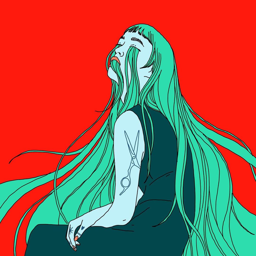 Illustration of a young woman with long green hair, eyes closed, and tears flowing, against a red background, showcasing art and beauty.