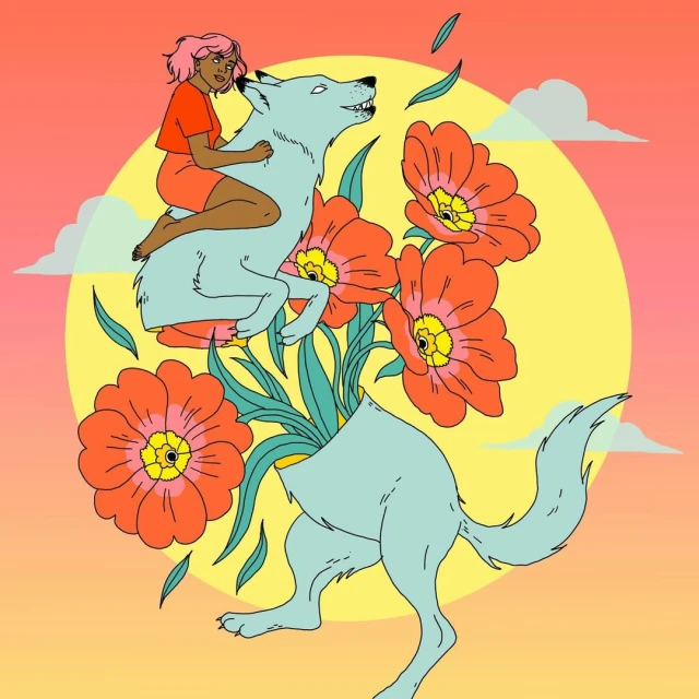 Illustration of a light blue wolf carrying a woman on its back with orange flowers sprouting from its body against a gradient background.