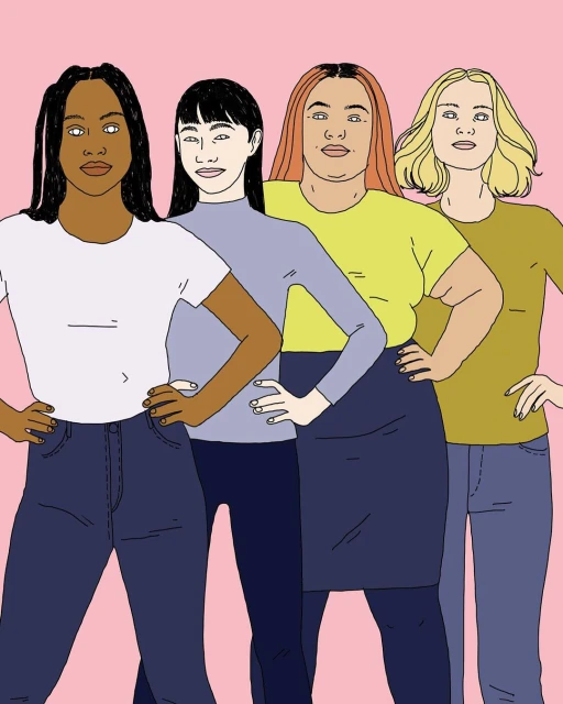 Illustration of four diverse adult women in casual clothes standing together confidently against a pink background in a studio setting.