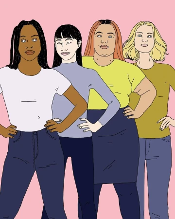 Illustration of four diverse adult women in casual clothes standing together confidently against a pink background in a studio setting.