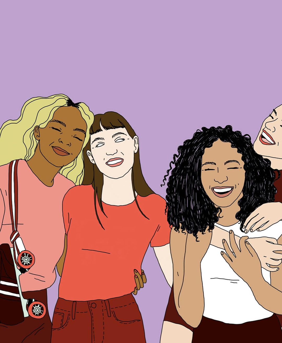 Illustration of four diverse young adult women embracing and smiling against a light purple background in a flat vector style.