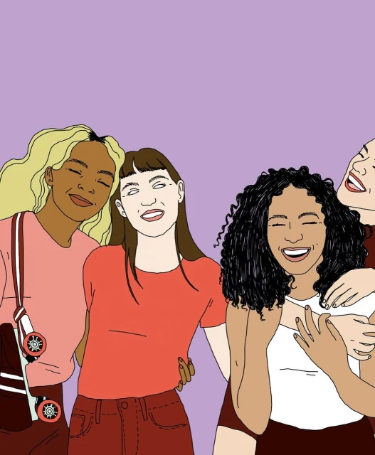 Illustration of four diverse young adult women embracing and smiling against a light purple background in a flat vector style.