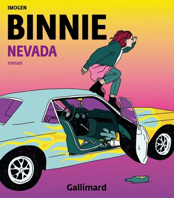 Illustration of a young woman standing on a vintage car; the car is painted with yellow flames on a yellow and light blue body.