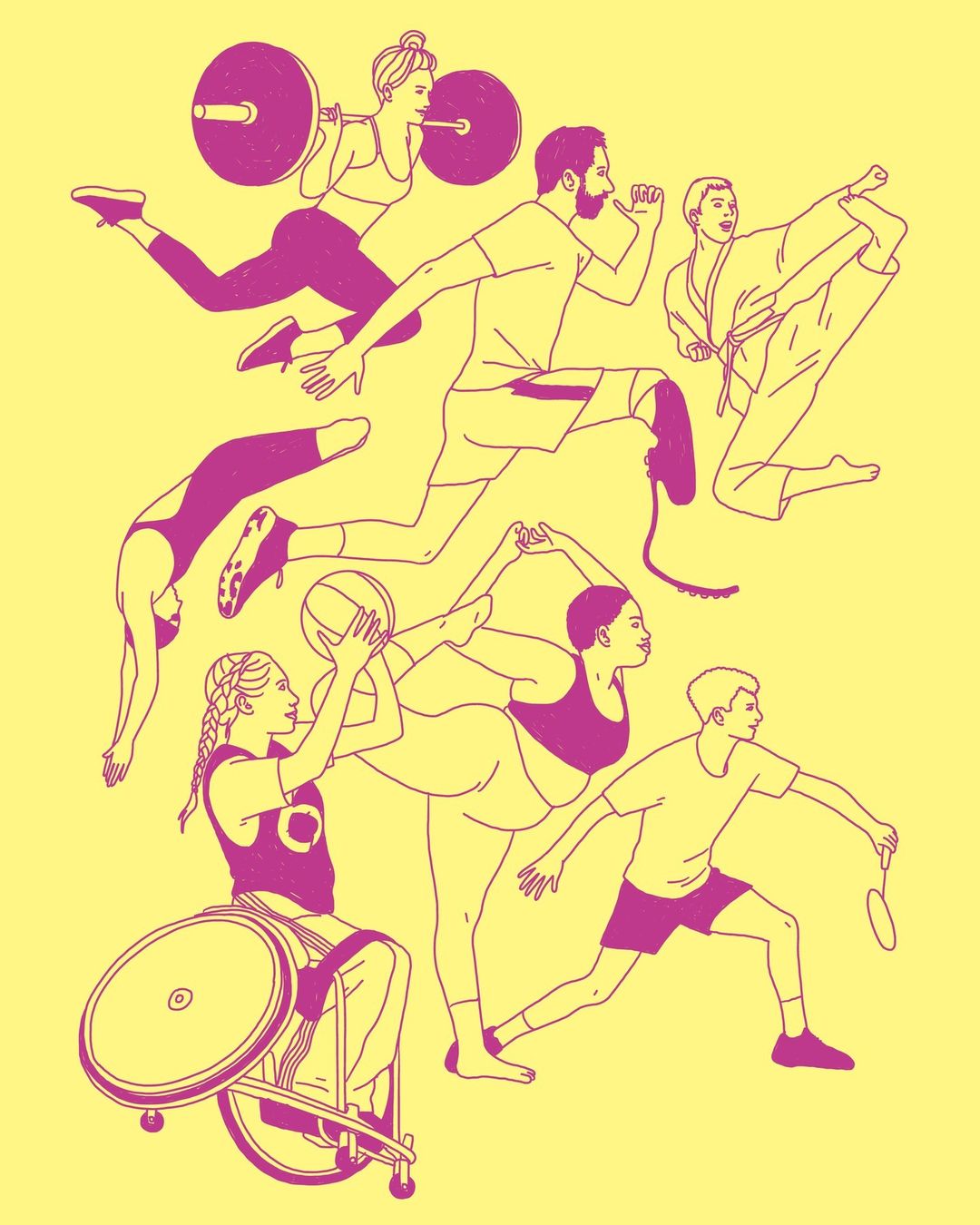 Illustration featuring people participating in various sports, including weightlifting, running, wheelchair basketball, yoga, and badminton.