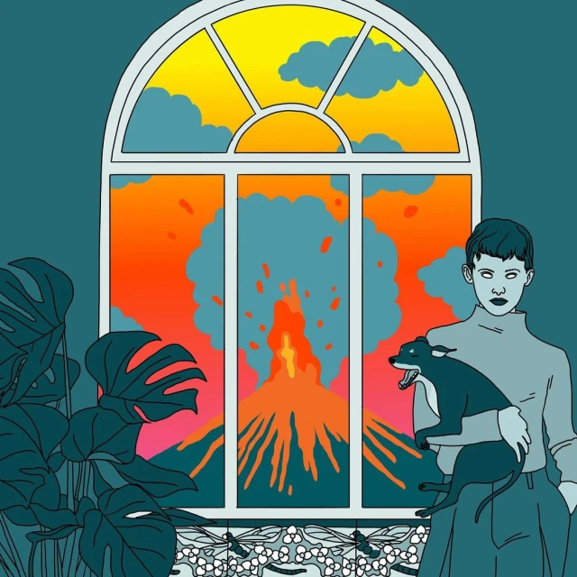 Illustration of a person holding a dog by a window, with a stylized volcano erupting in the distance, set in a cool-toned colour palette.