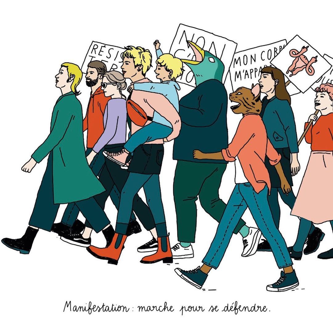 Illustration of people marching with protest signs. Various ethnicities and animal-like masks depicted, and diverse clothing and hairstyles.