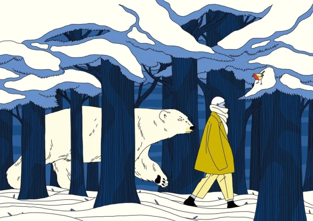 Stylized illustration of a person walking through a winter forest with blue trees, a polar bear, and a small red bird.