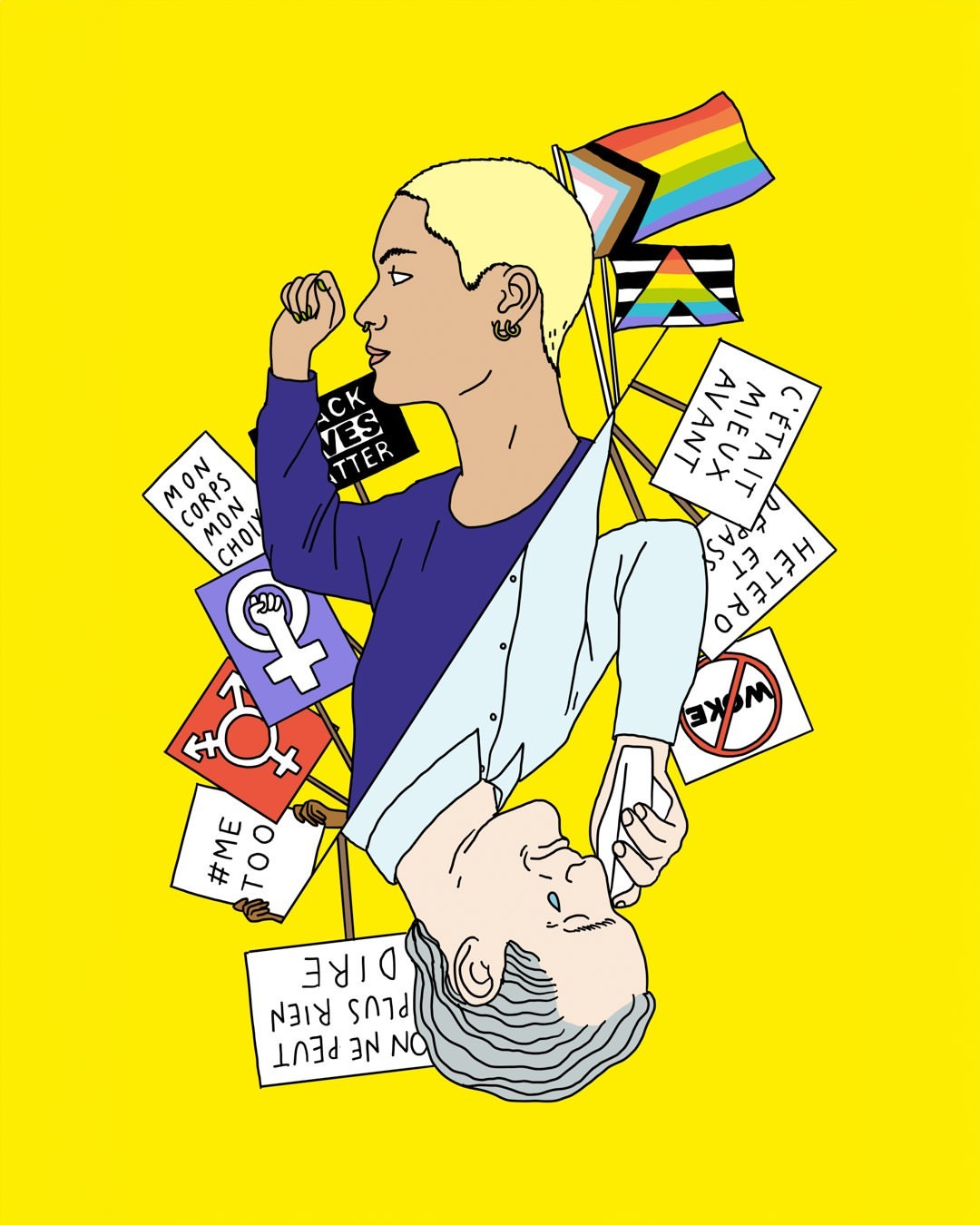 Illustration with two figures: a person with blonde hair holding a pride flag and a person in grayscale with their head turned downward.