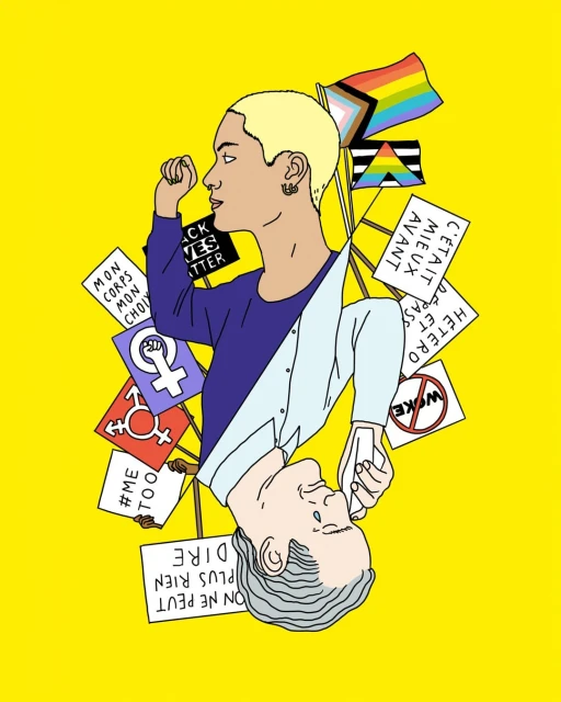 Illustration with two figures: a person with blonde hair holding a pride flag and a person in grayscale with their head turned downward.