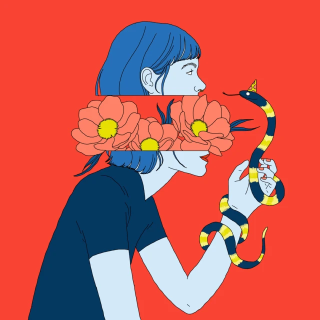 Illustration of a woman with blue hair holding a black and yellow snake, flowers over her eyes, and red background art.