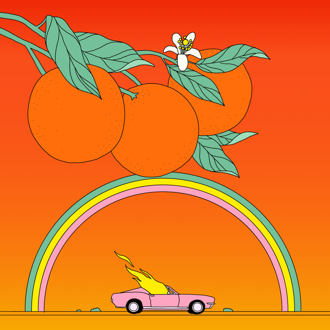 Illustration of a pink car with flames, positioned under a rainbow and branches bearing oranges against an orange gradient background.