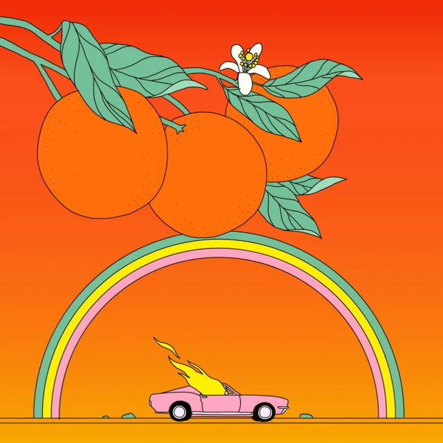 Illustration of a pink car with flames, positioned under a rainbow and branches bearing oranges against an orange gradient background.