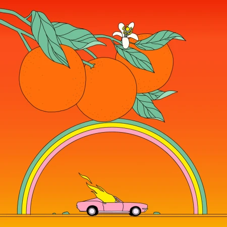 Illustration of a pink car with flames, positioned under a rainbow and branches bearing oranges against an orange gradient background.
