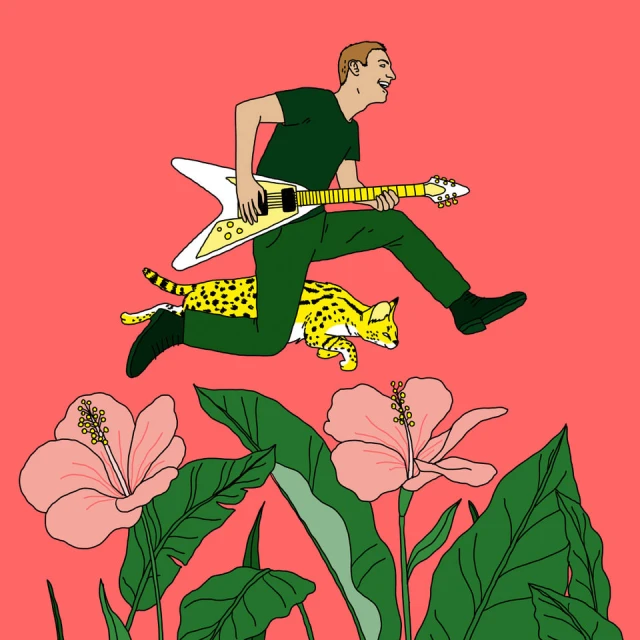 Illustration of a man playing a guitar while jumping over a serval cat amidst pink hibiscus flowers against a salmon background.