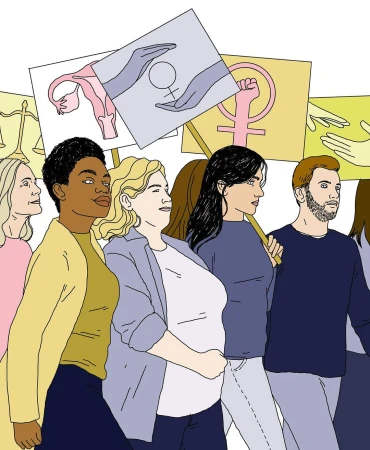 Illustration of a diverse group of women and one man marching and holding signs with feminist symbols in a pro-choice demonstration.