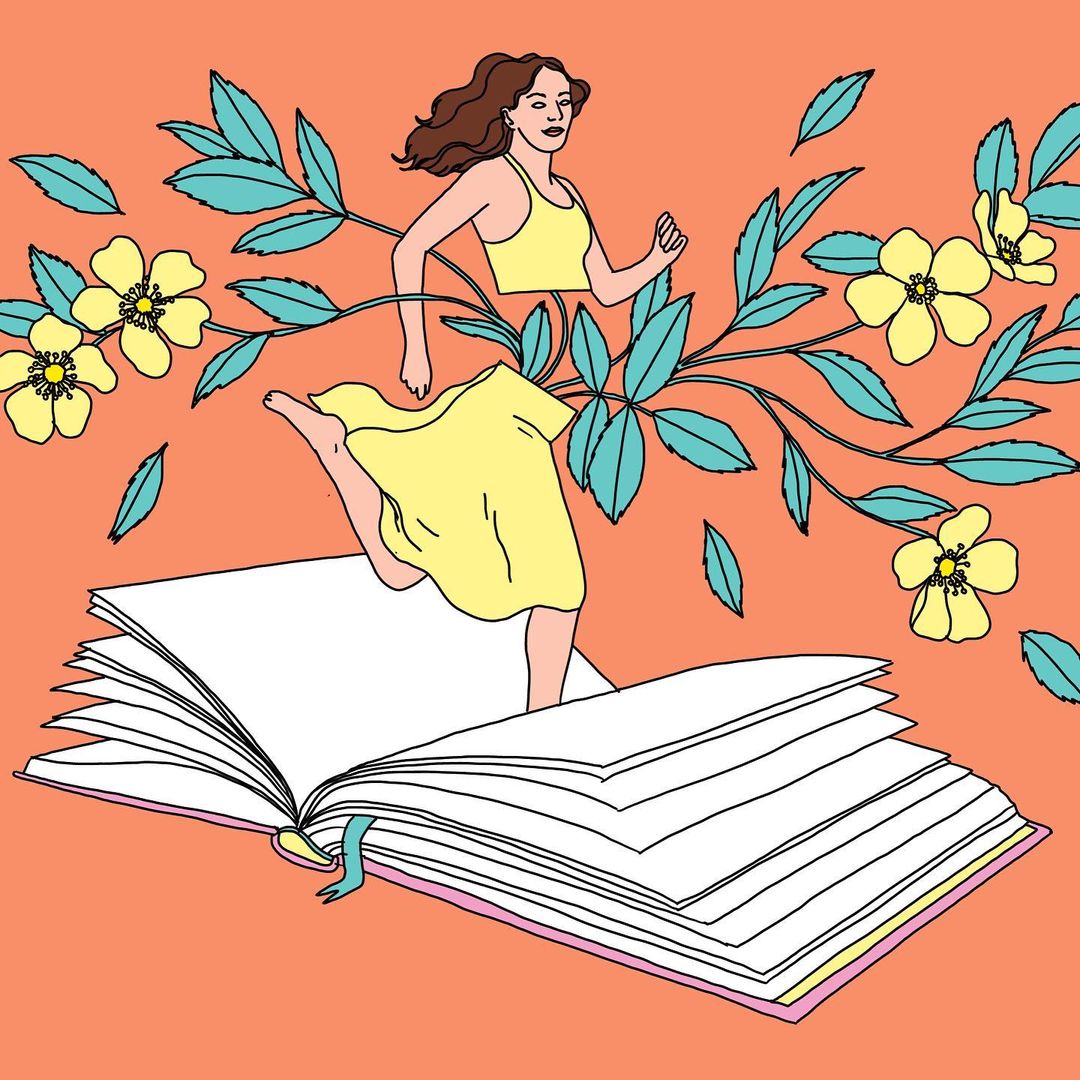 Illustration of a woman running across a large, open book surrounded by yellow flowers and green leaves on a peach background.
