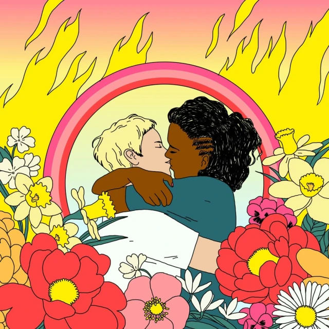 Illustration of a same-sex couple embracing surrounded by flowers and flames, set against a yellow background with a rainbow arch.