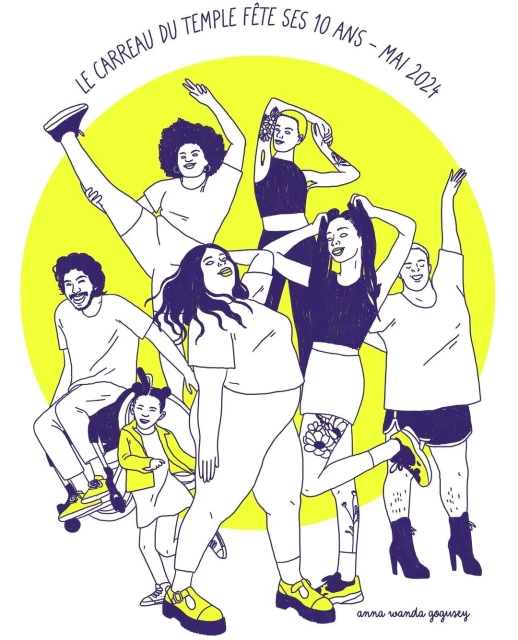 Illustration of a diverse group of eight people in a bright, playful style, set against a yellow circle background. Text overlay included.