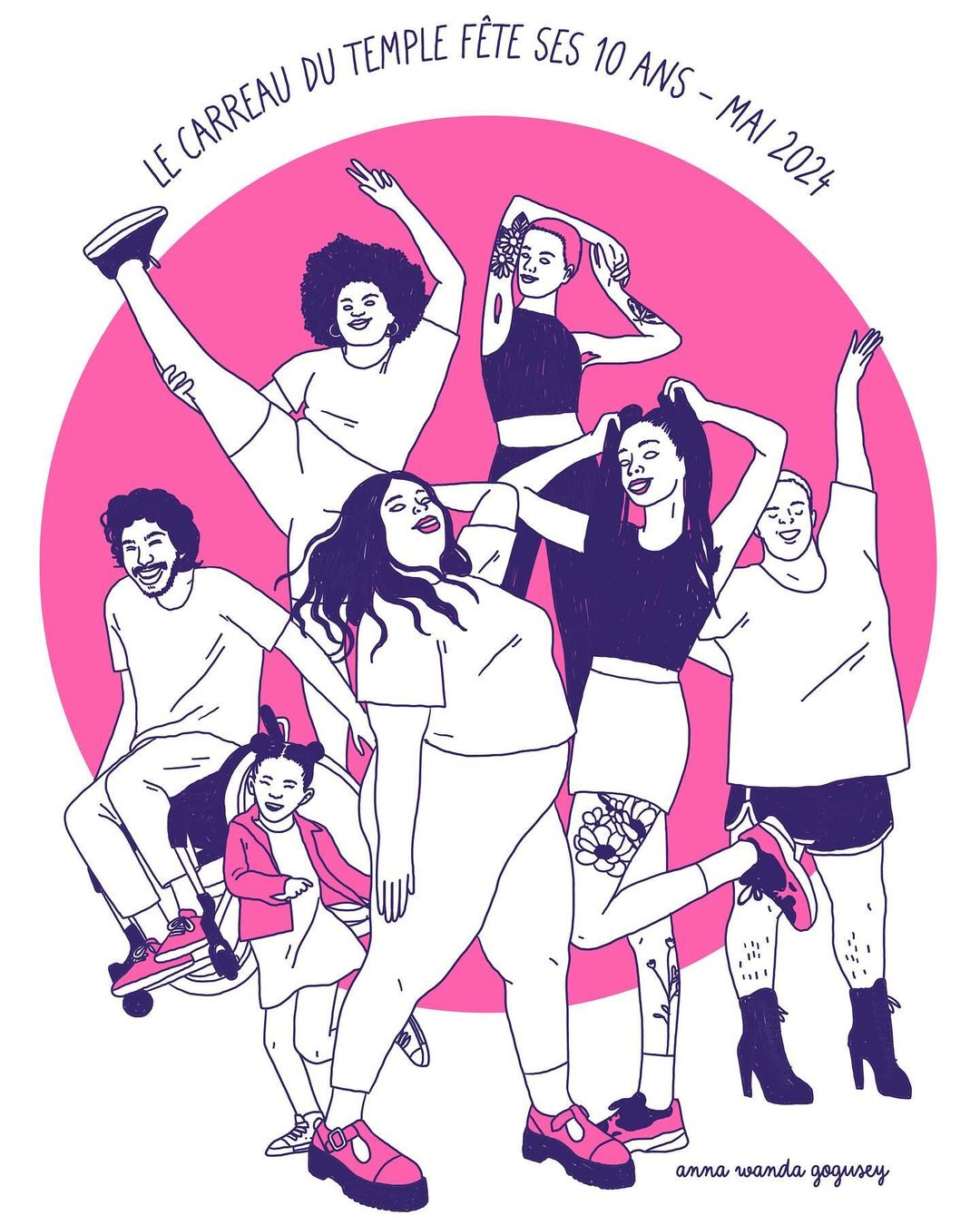 Illustration of a diverse group of people in casual clothing, including a child, against a pink circle, promoting an anniversary celebration.