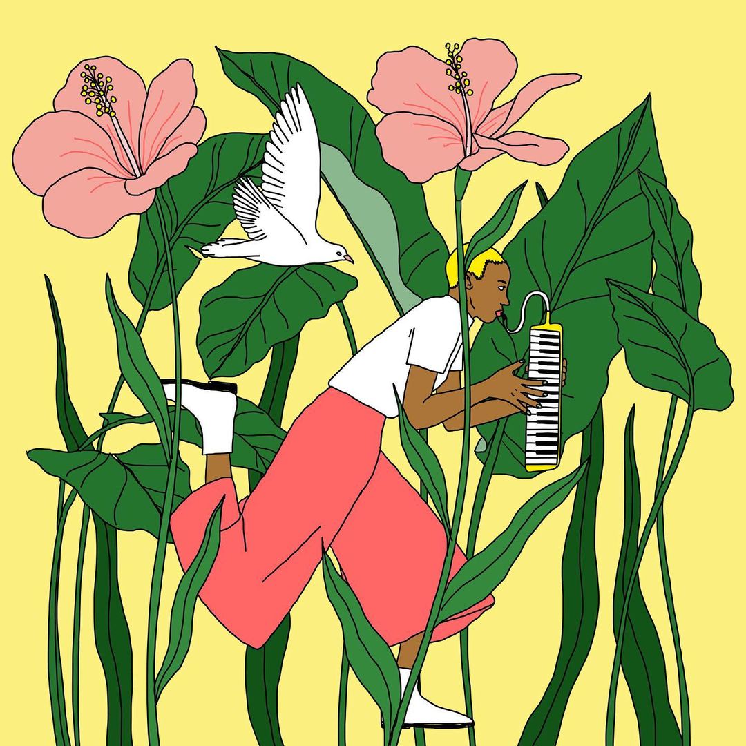 Illustration of a person running with a keyboard, surrounded by flowers and leaves, with a dove flying in the upper part of the image.