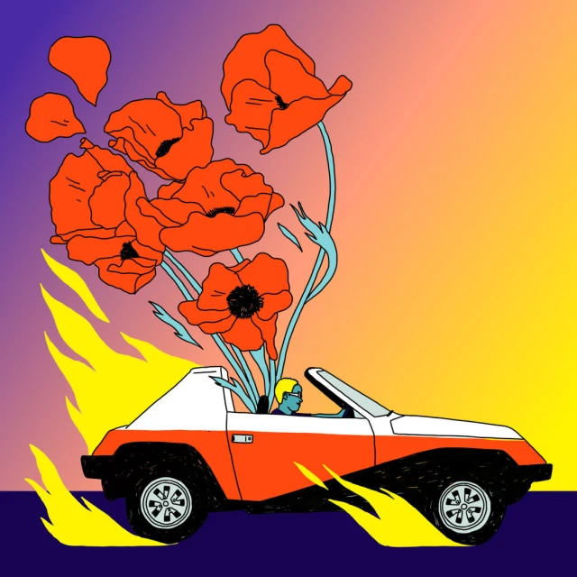 Illustration of a vintage orange and white car with red flowers emerging from the roof, stylized flames, and a gradient background.