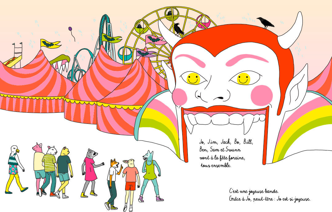 Illustration of a colourful carnival scene with amusement rides, tents, and a cartoon devil face watching over animal-headed people.