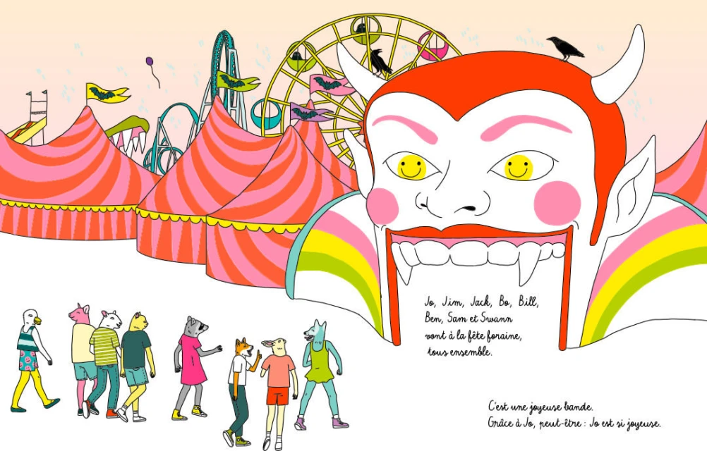 Illustration of a colourful carnival scene with amusement rides, tents, and a cartoon devil face watching over animal-headed people.