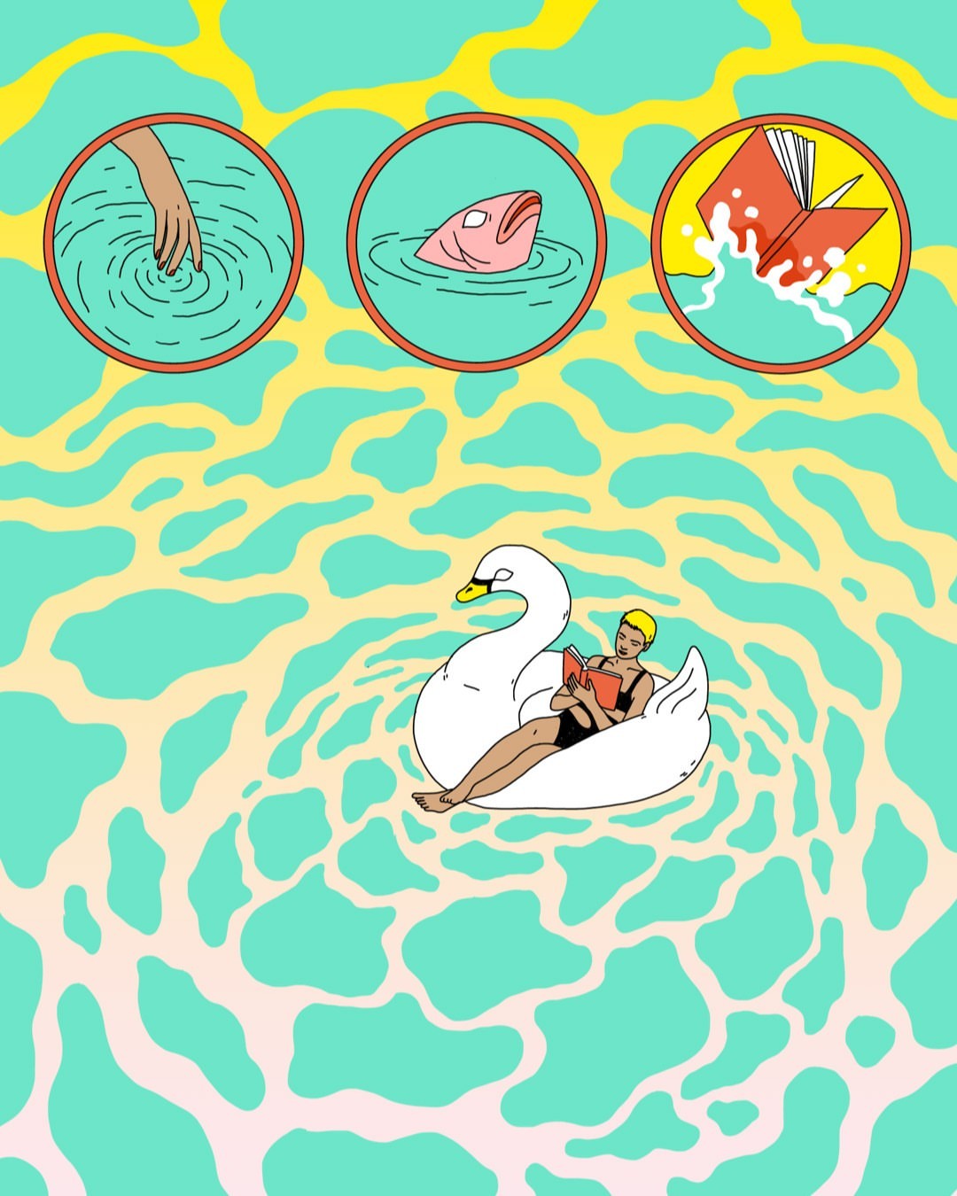Illustration of a woman floating in water on a swan floatie, reading a book, with water-themed vignettes in the background.
