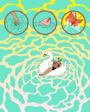 Illustration of a woman floating in water on a swan floatie, reading a book, with water-themed vignettes in the background.