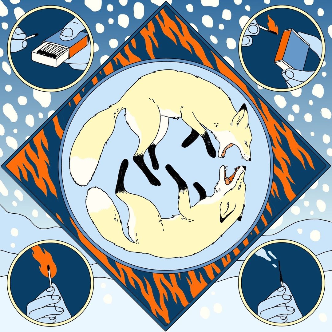 Illustration of two intertwined foxes inside a blue and orange diamond frame, surrounded by lit matches, snow spots, and blue tones.