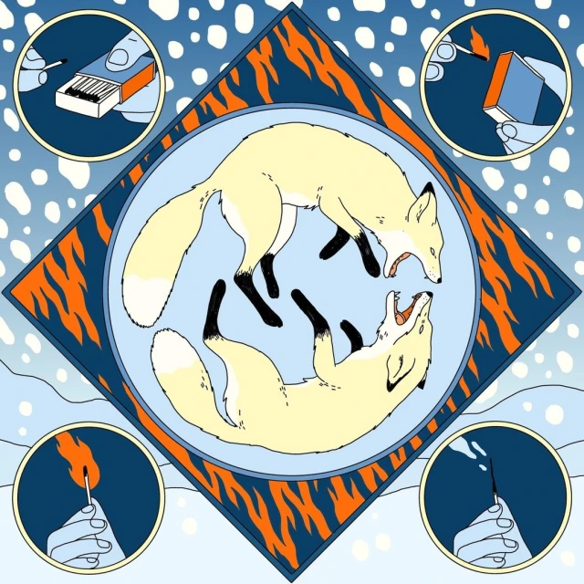 Illustration of two intertwined foxes inside a blue and orange diamond frame, surrounded by lit matches, snow spots, and blue tones.