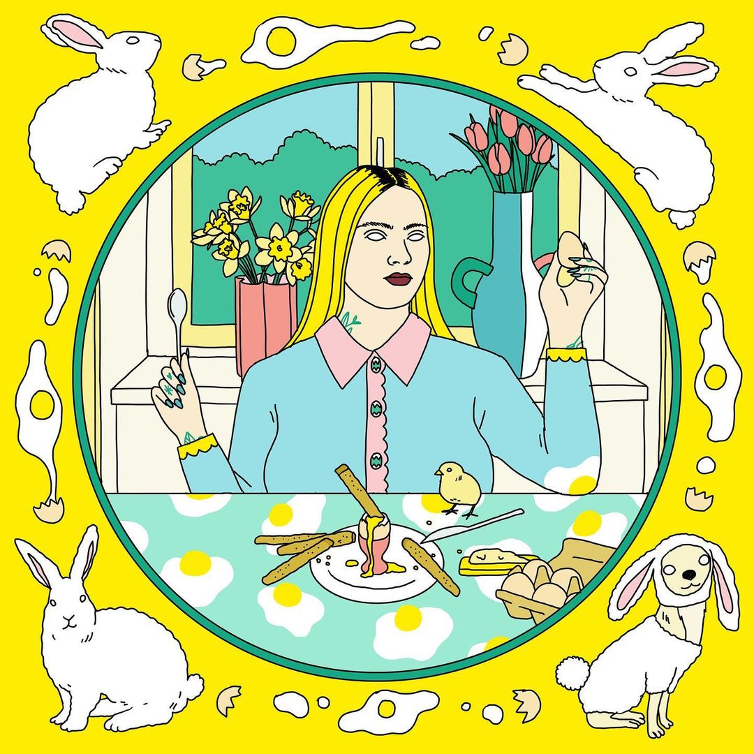 Stylized illustration featuring a woman at a table with Easter-themed elements: eggs, rabbits, flowers, and a chick, on a yellow background.