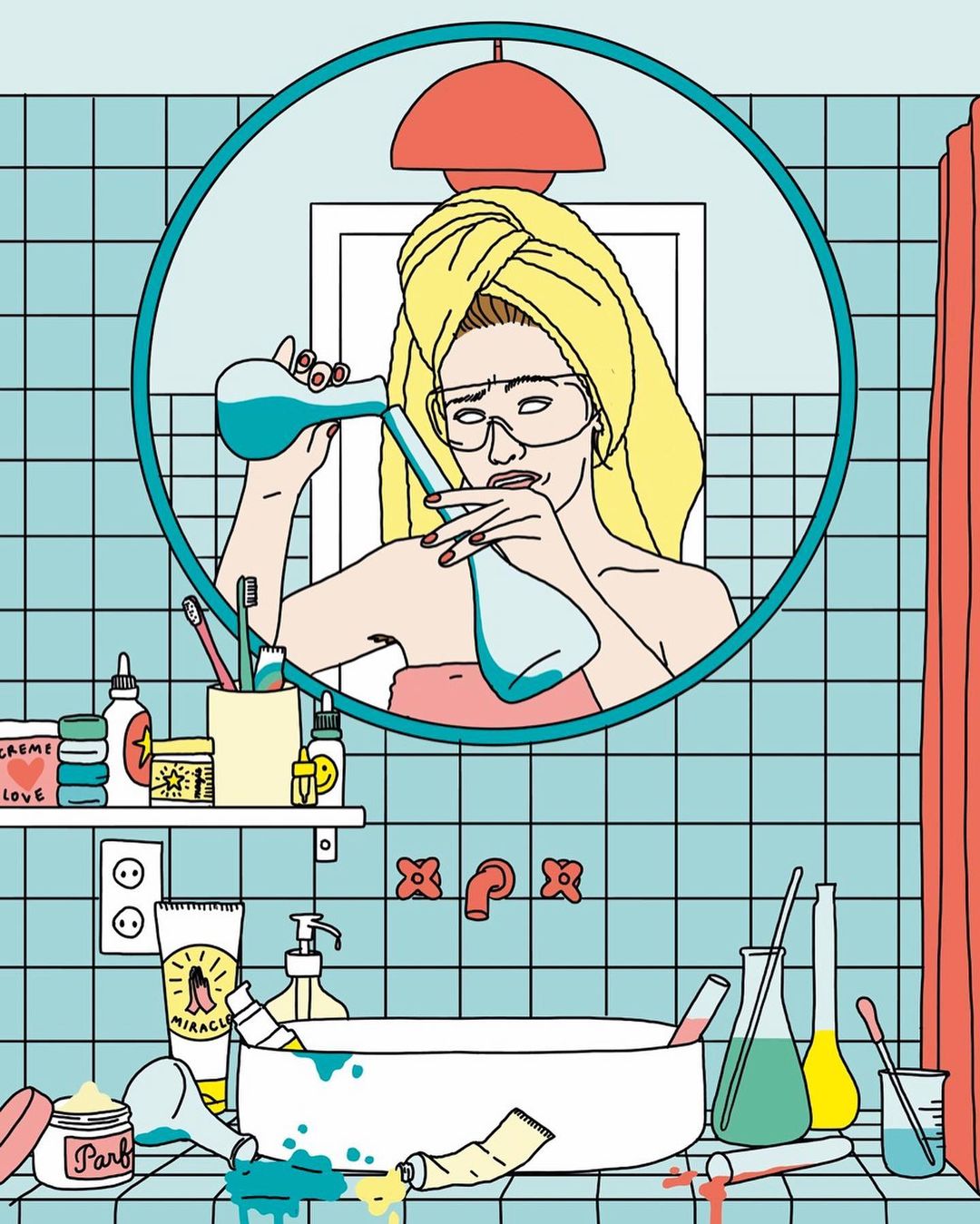Illustration of a person wearing a towel and goggles in a bathroom, pouring liquid from one flask into another by a sink.