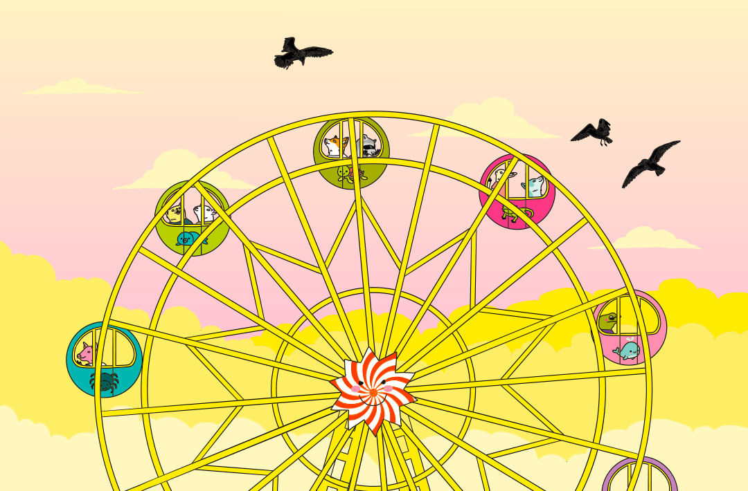 Cartoon Ferris wheel with animals inside the cars, yellow frame, pink and yellow sky, with silhouetted birds in flight overhead.