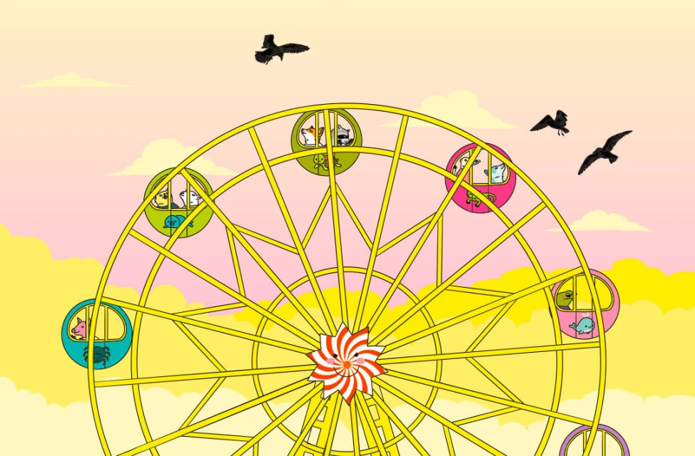 Cartoon Ferris wheel with animals inside the cars, yellow frame, pink and yellow sky, with silhouetted birds in flight overhead.