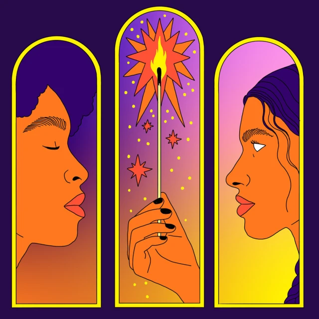 Illustration showing two people facing a lit match in an archway; graphic art features star shapes, and a yellow and purple colour palette.