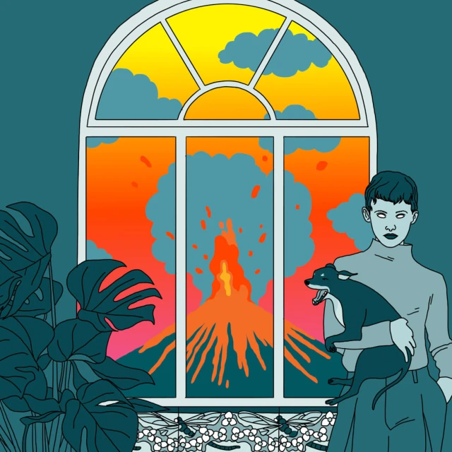 Illustration: Person holding a dog in front of a window with a volcano eruption and foliage. Stylized art with teal and orange.