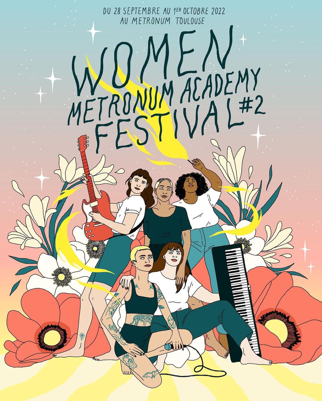 Illustrated poster for the Women Metronum Academy Festival #2, featuring a group of diverse women surrounded by floral elements.