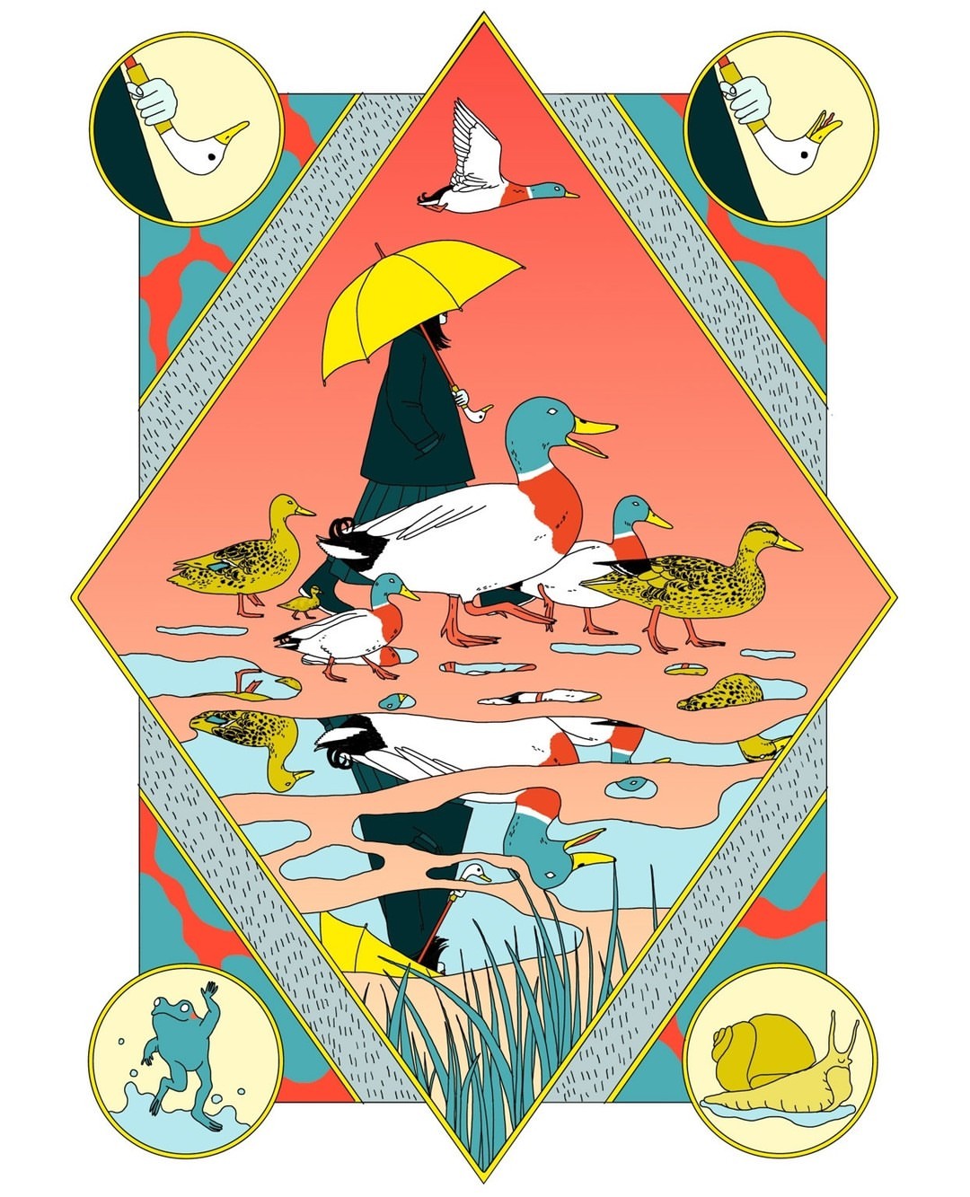 Whimsical illustration of a woman with yellow umbrella walking with a group of ducks, framed by natural elements in a diamond shape.