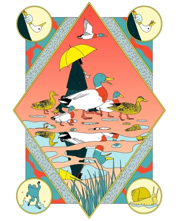 Whimsical illustration of a woman with yellow umbrella walking with a group of ducks, framed by natural elements in a diamond shape.