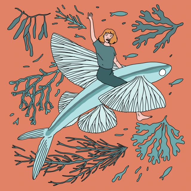 Illustration of a woman riding a flying fish surrounded by seaweed on an orange background, whimsical and fantasy illustration.