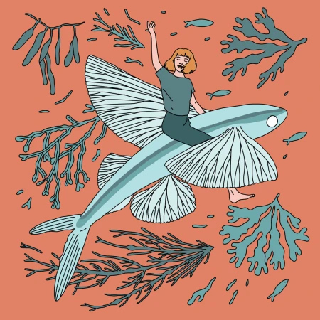 Illustration of a woman riding a flying fish surrounded by seaweed on an orange background, whimsical and fantasy illustration.