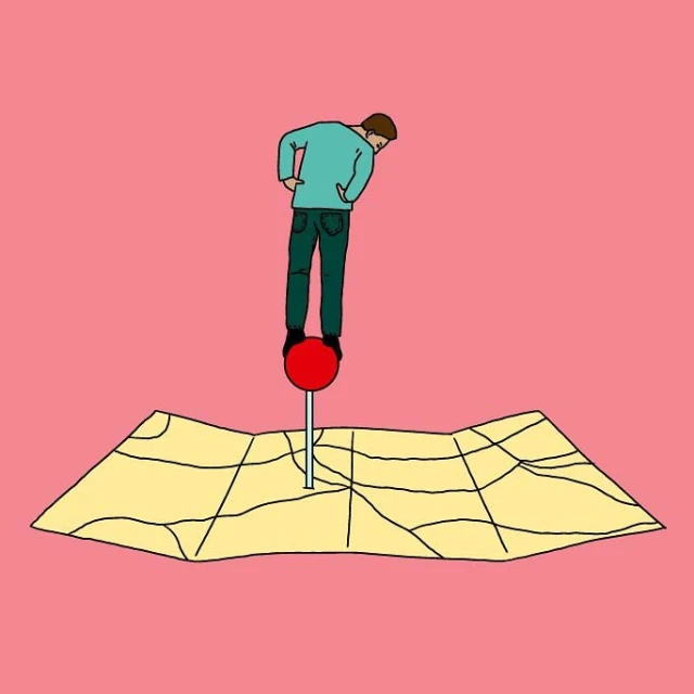 Illustration of a man standing on a red location pin on a map against a pink background, creating a visually striking and symbolic image.