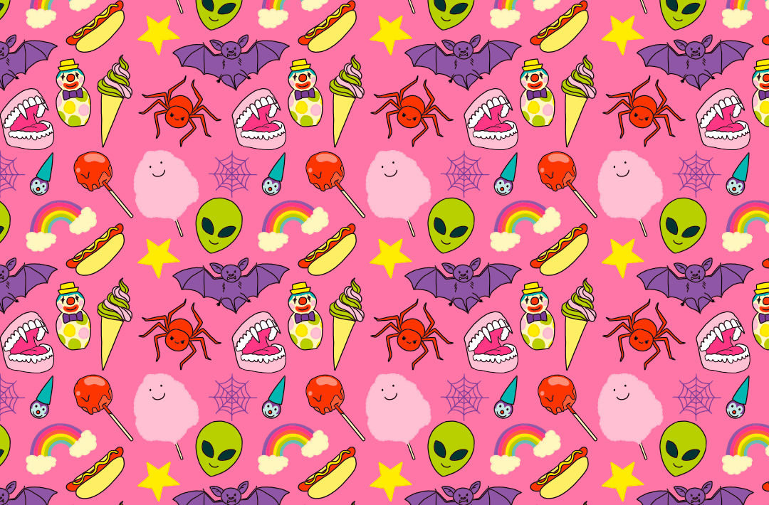 Cartoon pattern background featuring whimsical illustrations of aliens, bats, candy, clowns, hotdogs, rainbows, spiders, stars, and teeth.
