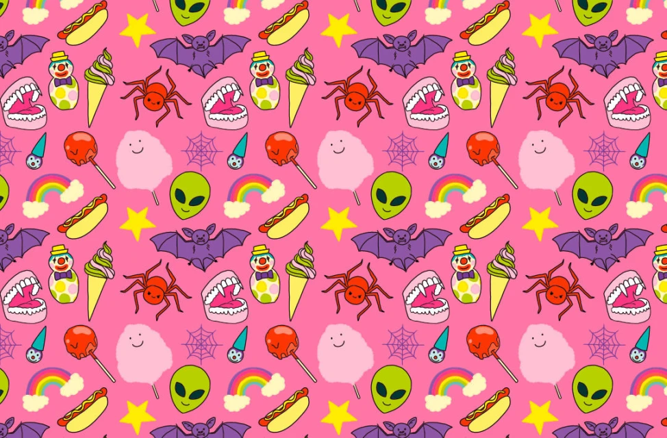 Cartoon pattern background featuring whimsical illustrations of aliens, bats, candy, clowns, hotdogs, rainbows, spiders, stars, and teeth.