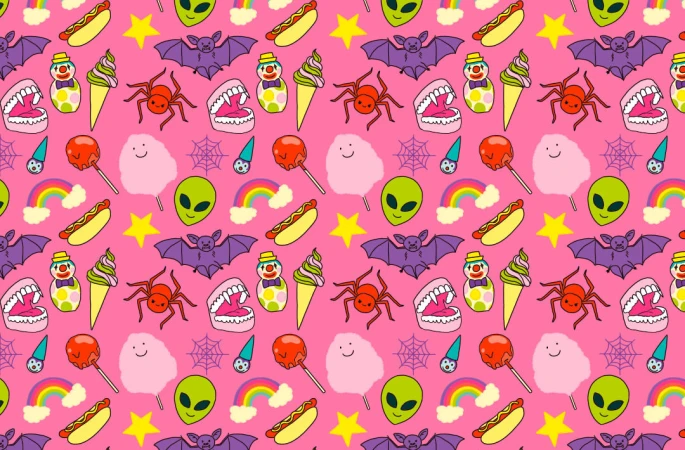 Cartoon pattern background featuring whimsical illustrations of aliens, bats, candy, clowns, hotdogs, rainbows, spiders, stars, and teeth.